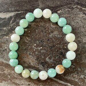 Natural Stone Amazonite Beaded Elastic Bracelet 7.5" 8mm Green & White Gemstone
